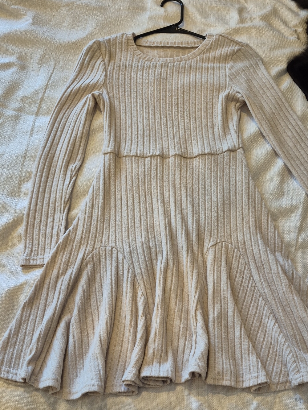 Ribbed Knit Fit-and-Flare Long Sleeve Dress - Light Beige